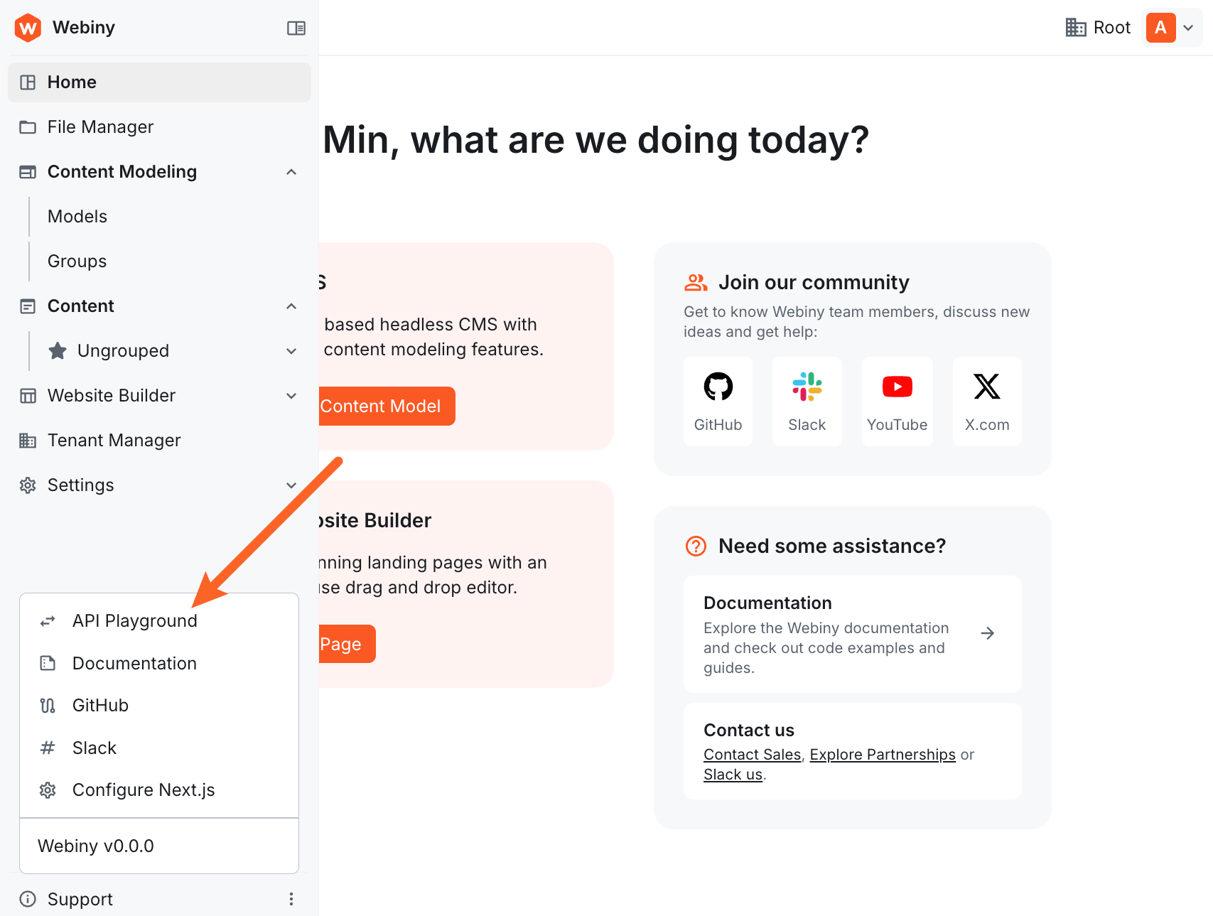 Webiny Admin sidebar showing the Support menu with API Playground option