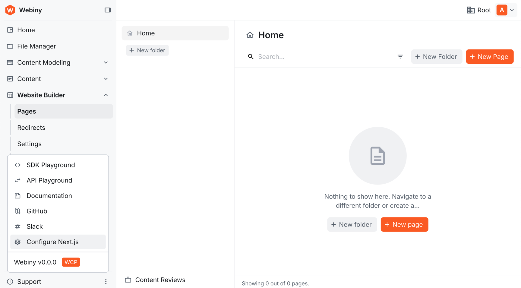 Webiny Admin sidebar with the Support menu open, showing the Configure Next.js option