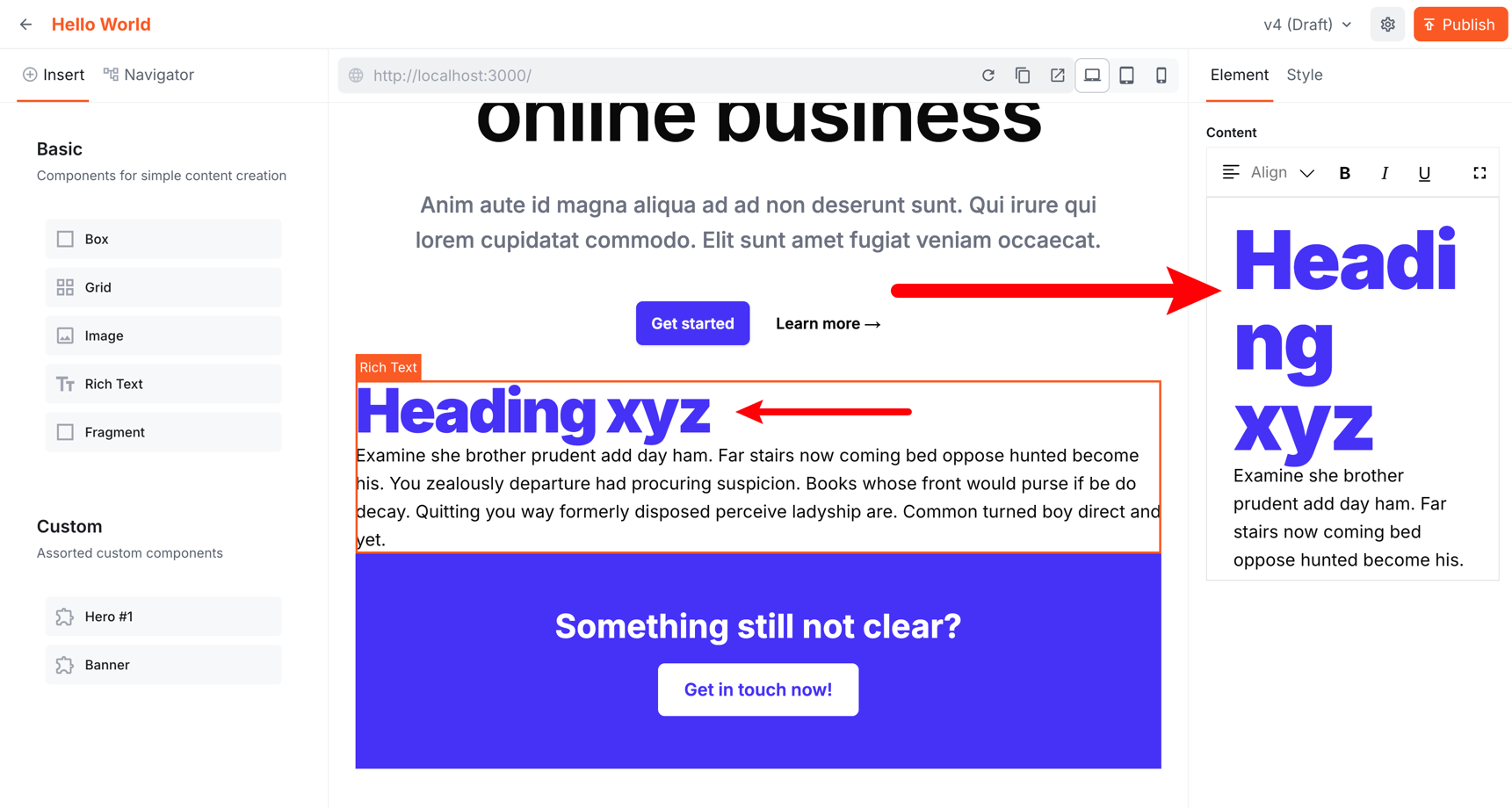 The Website Builder editor showing a heading that appears at a different size on the canvas versus the rich text editor sidebar