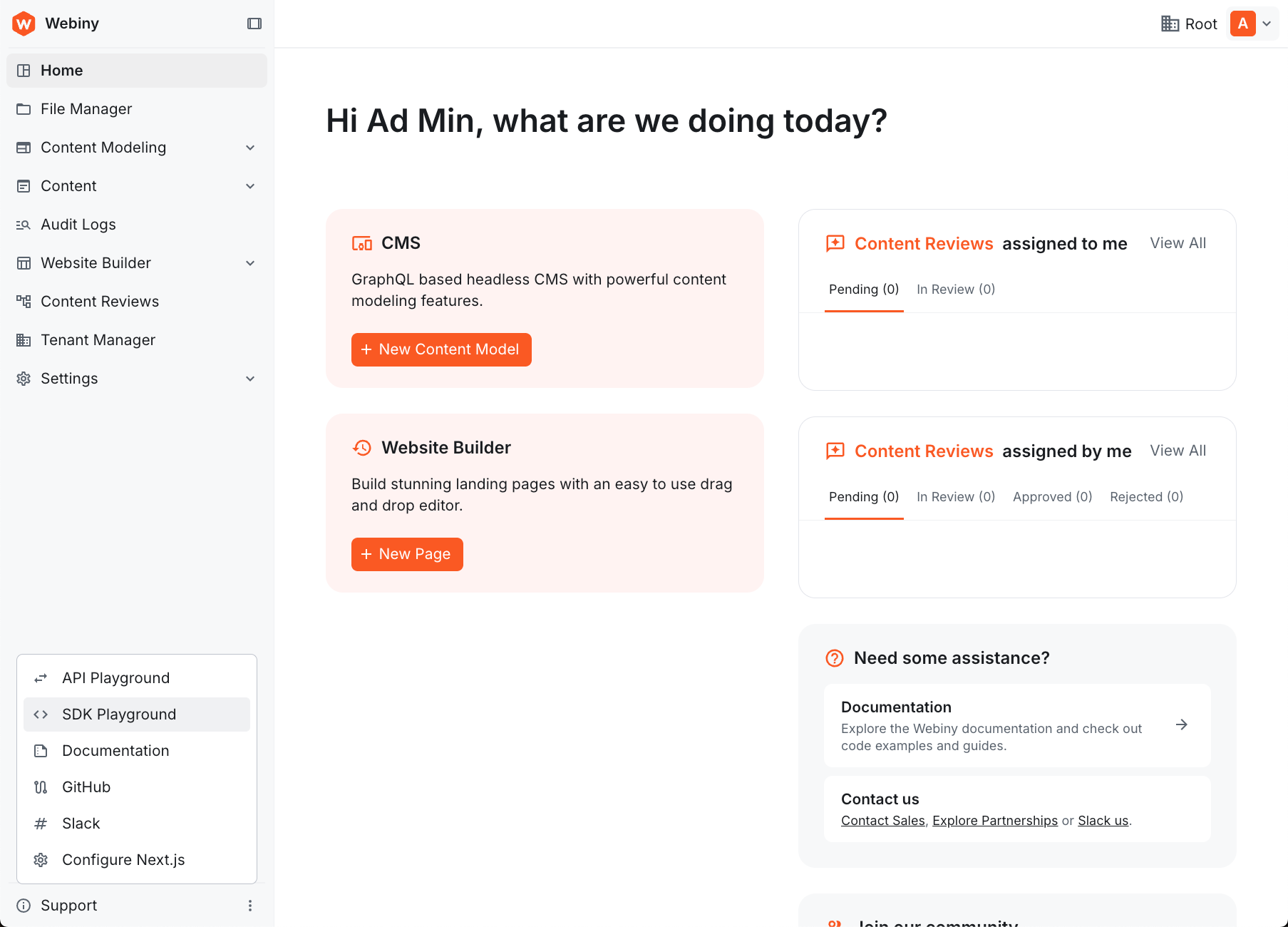 Webiny Admin sidebar with the Support menu open, showing the SDK Playground option